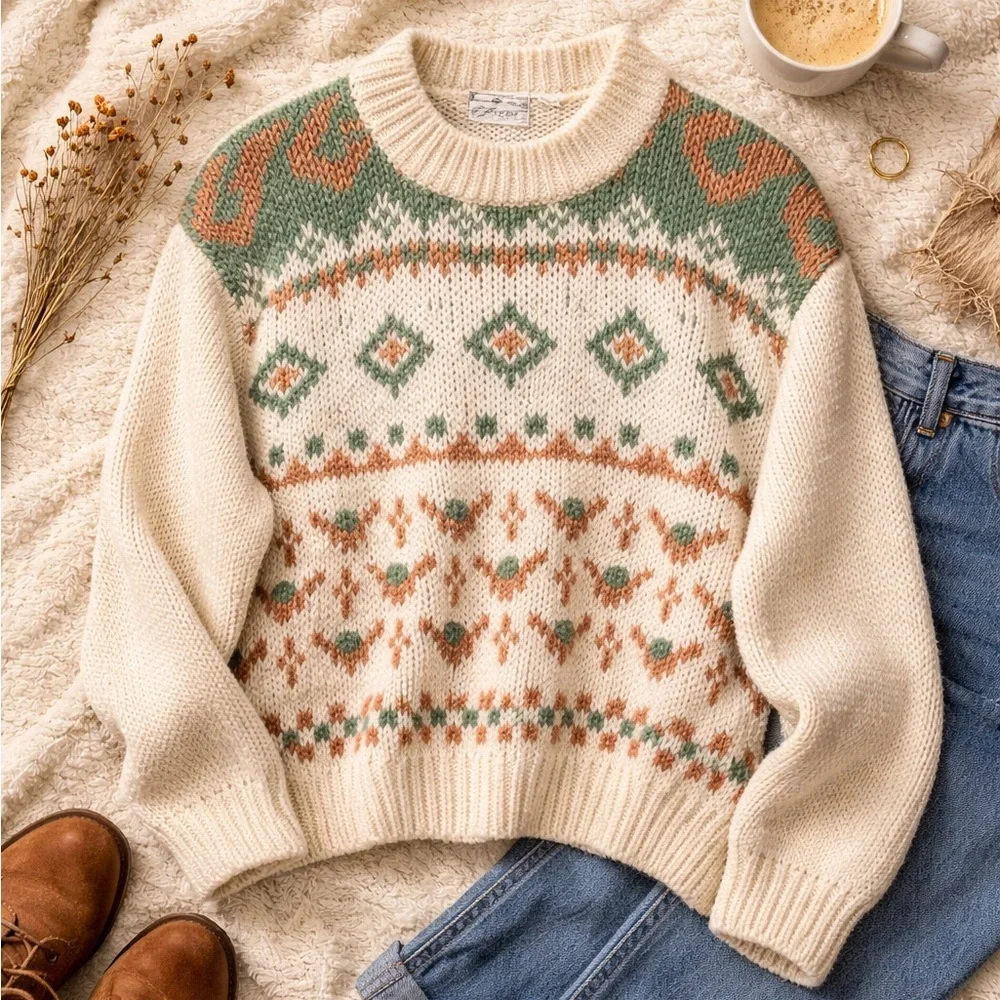 Vintage 80s Fair Isle Sweater Cozy Cottagecore Mock Neck Knit - Picture 1 of 11